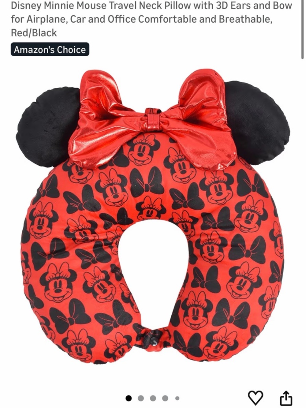 Disney Red and Black Minnie Mouse Travel Neck Pillow with 3D Ears and Bow
